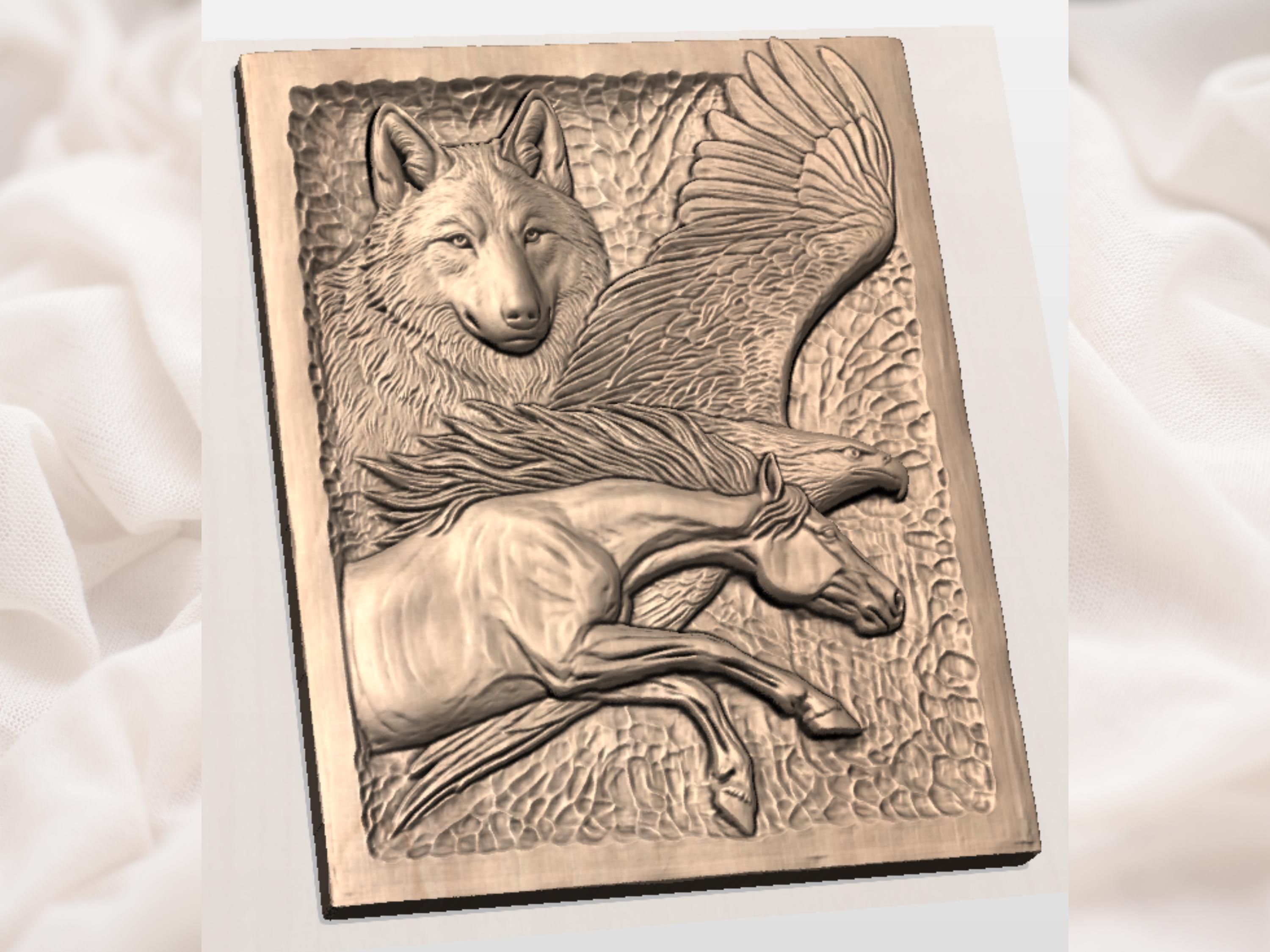 Wolf, Eagle and Galloping Horse Three-Spirit Bas-Relief STL bas-relief STL — view 2