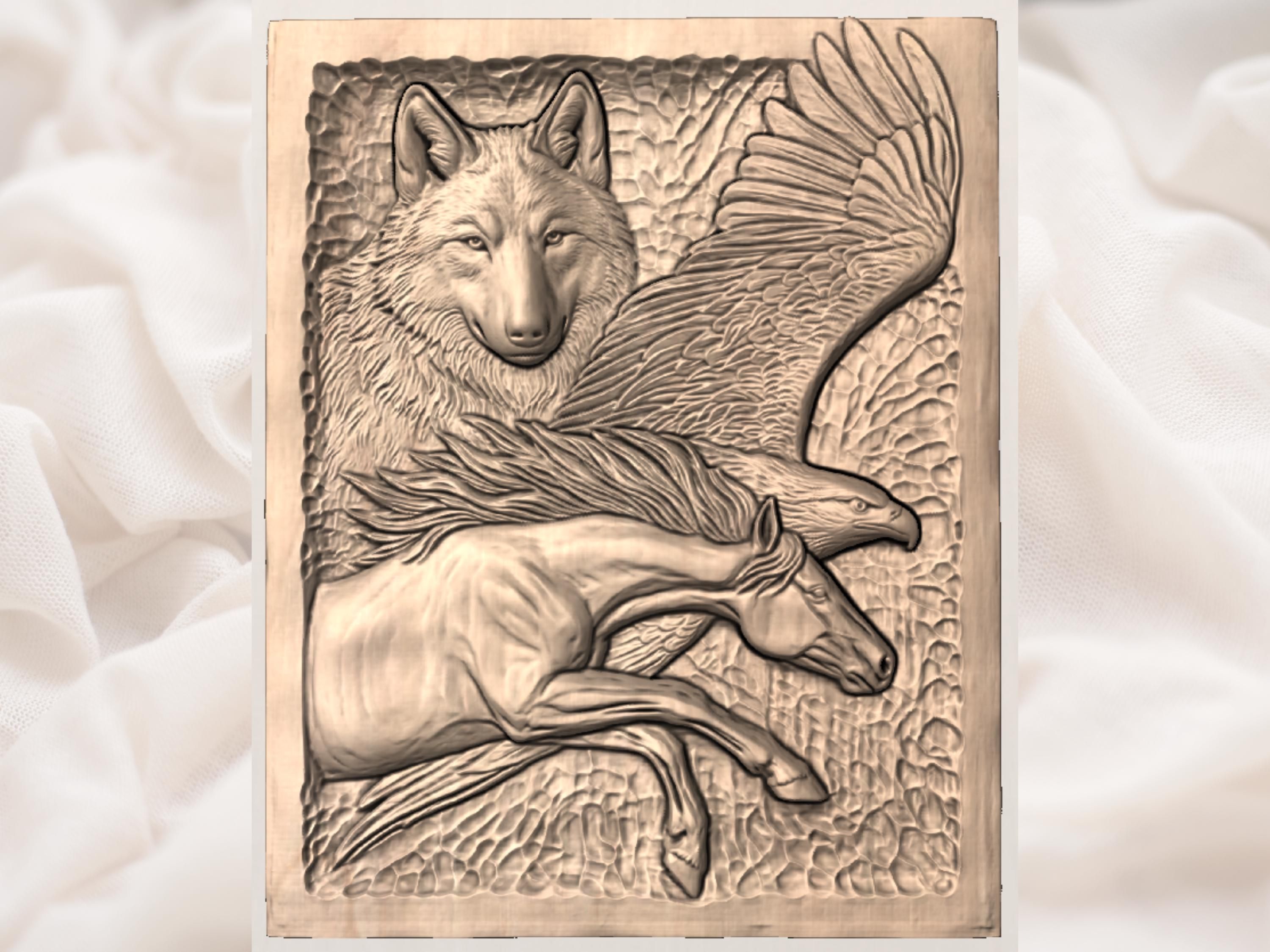 Wolf, Eagle and Galloping Horse Three-Spirit Bas-Relief STL bas-relief STL — view 3