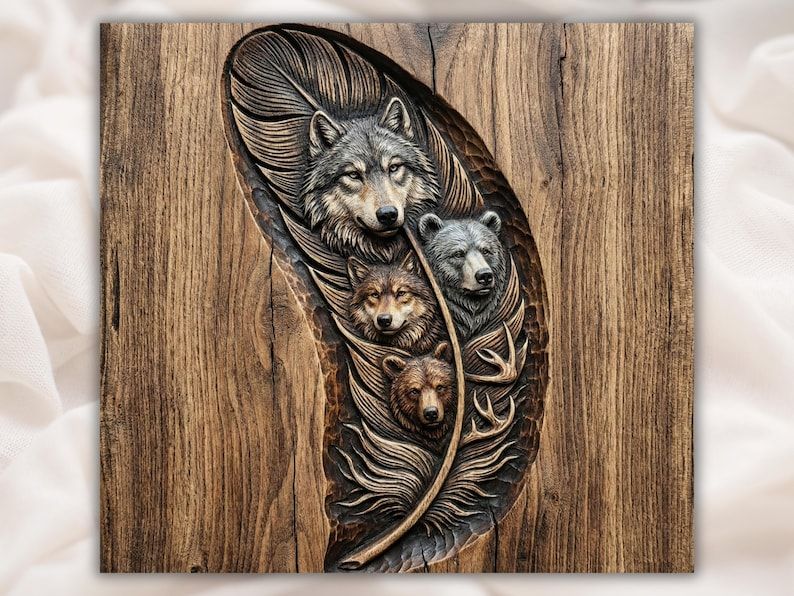 Bas-relief carving of a wolf, second wolf, and two bears nested inside a feather on wood grain.
