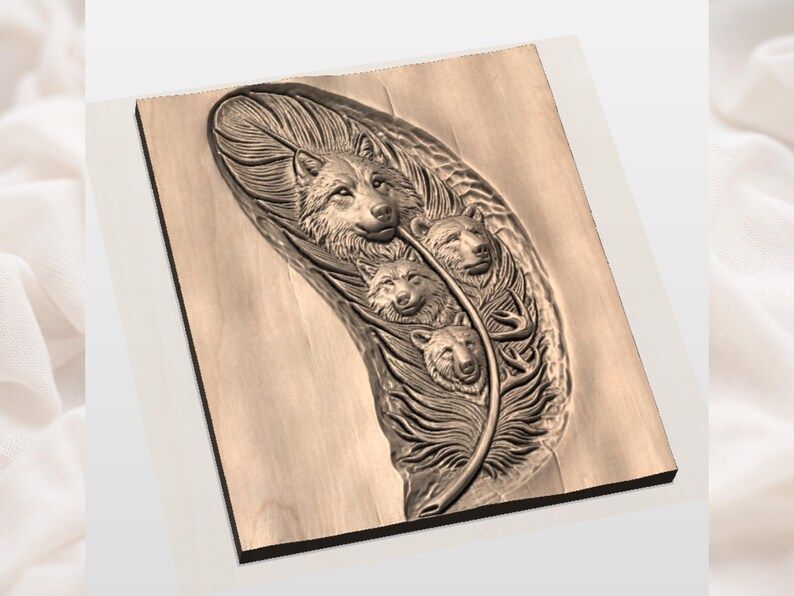 Wolf and Bear Family Inside a Carved Feather Relief STL bas-relief STL — view 2