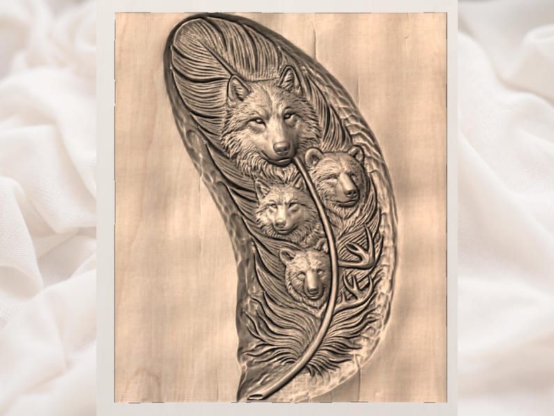 Wolf and Bear Family Inside a Carved Feather Relief STL bas-relief STL — view 3