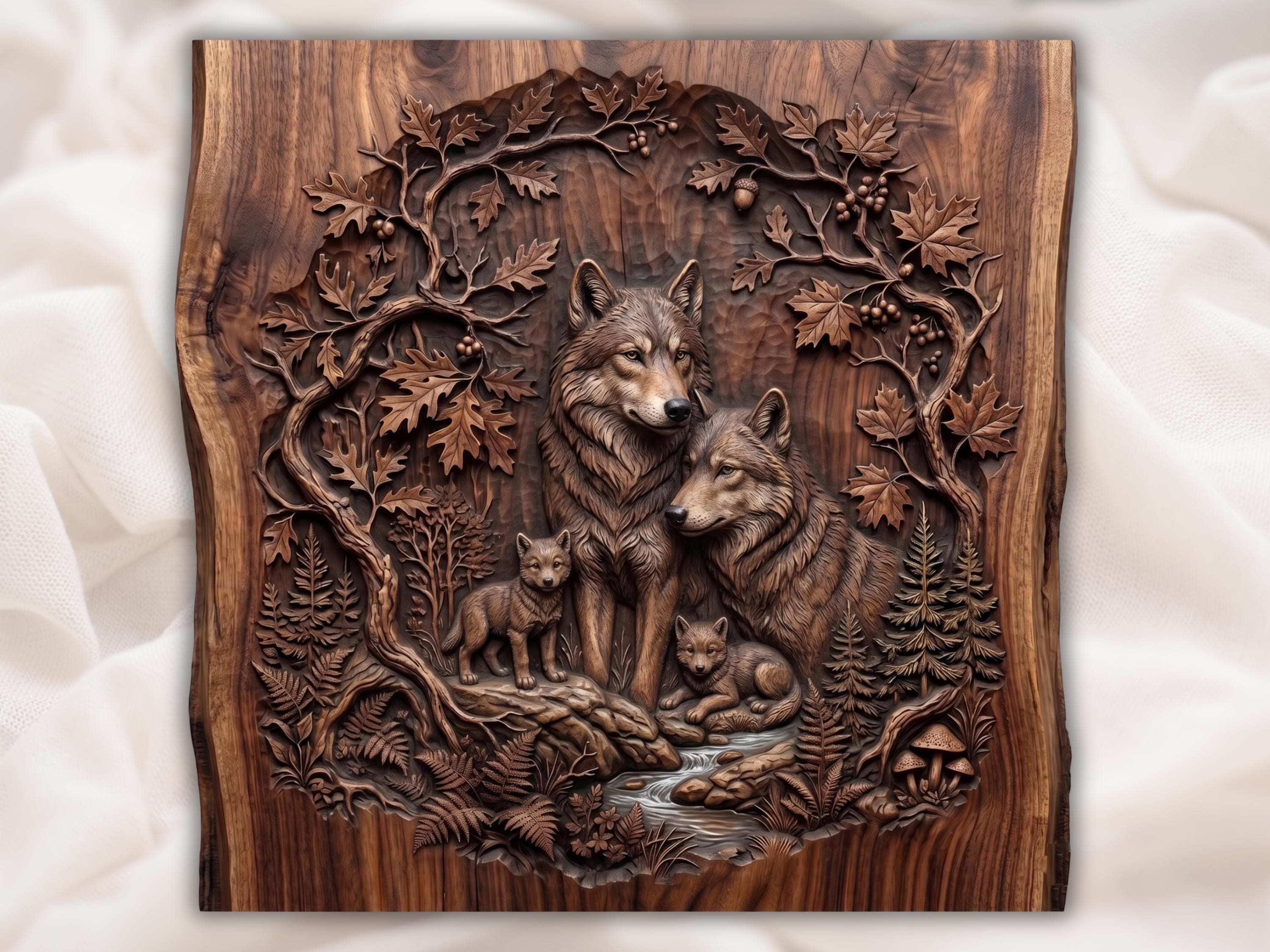 Bas-relief wood carving of two adult wolves and two pups by a forest stream with oak leaves, ferns and acorns