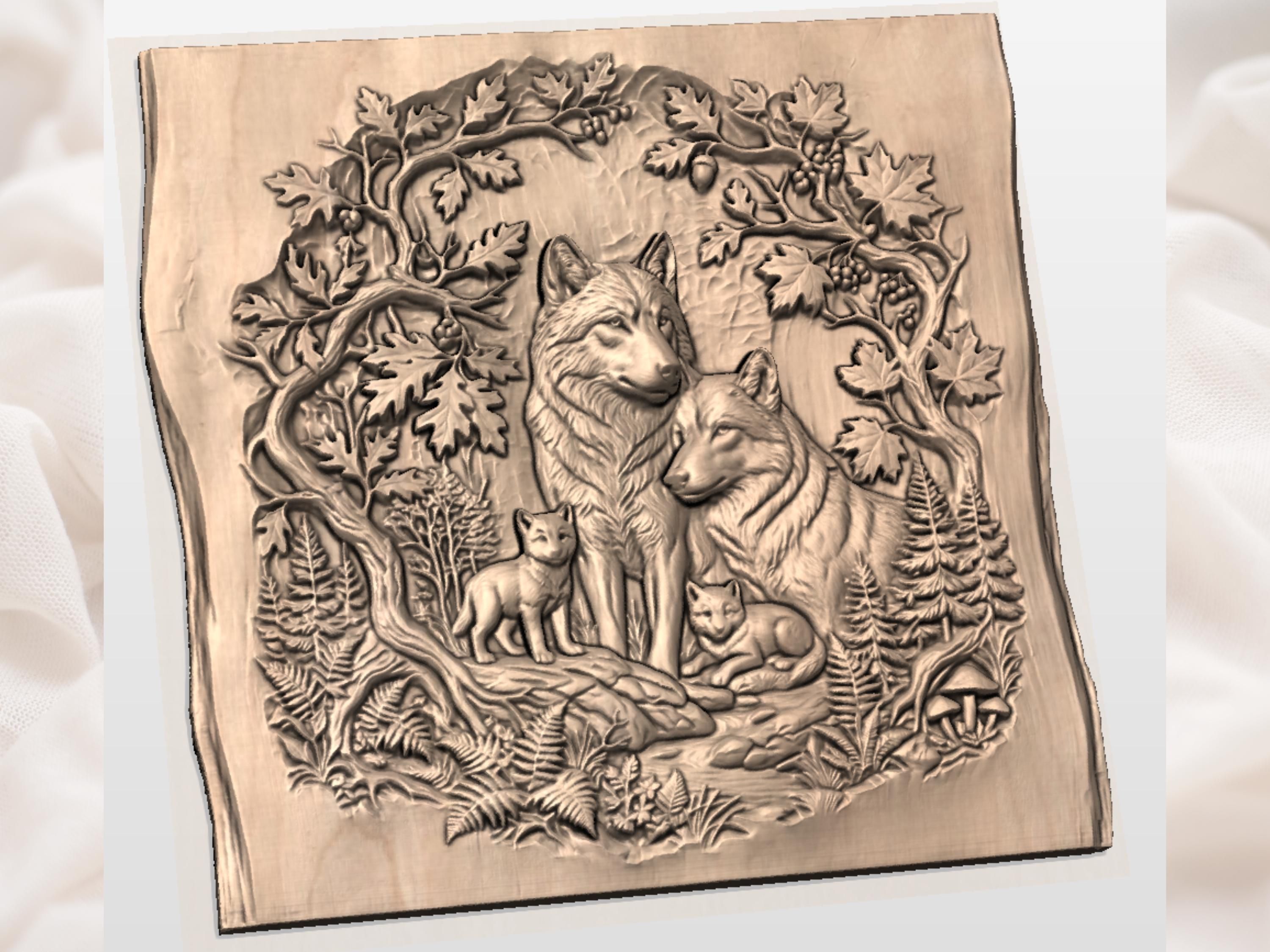 Wolf Family by the Stream Bas-Relief Woodland Scene STL bas-relief STL — view 2