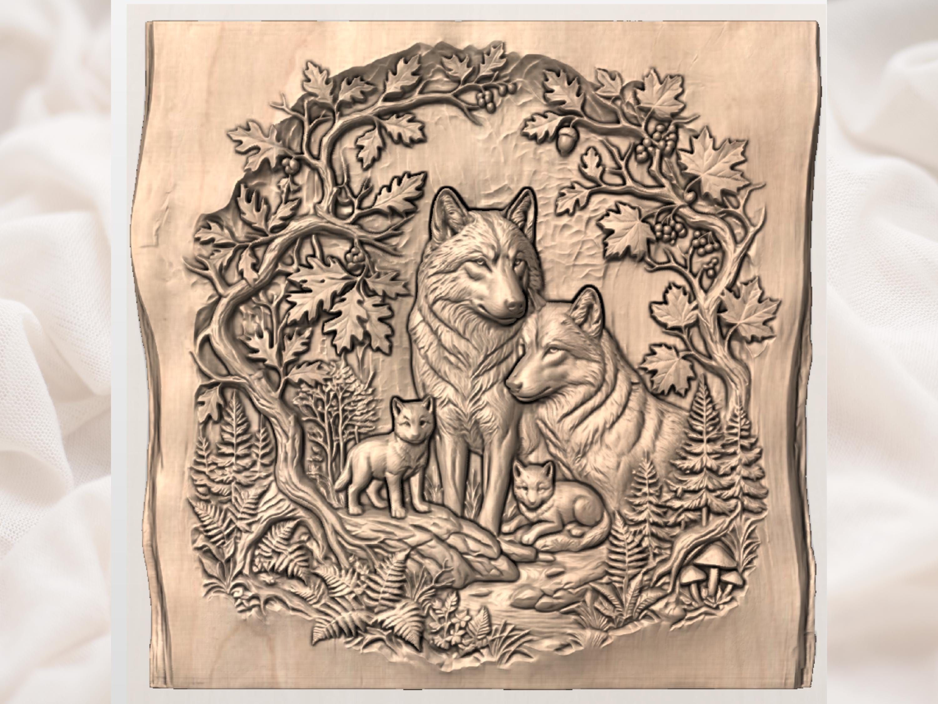 Wolf Family by the Stream Bas-Relief Woodland Scene STL bas-relief STL — view 3