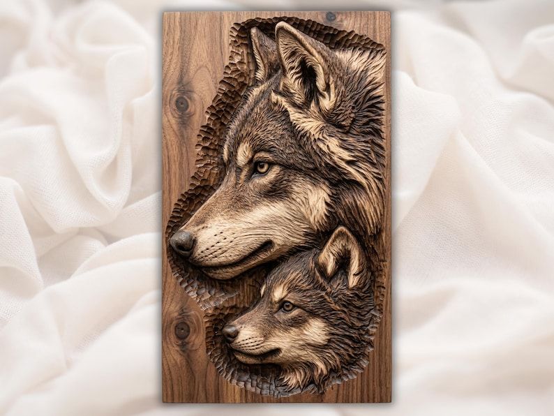 Carved wood bas-relief of an adult wolf with a young pup nestled below in a layered profile
