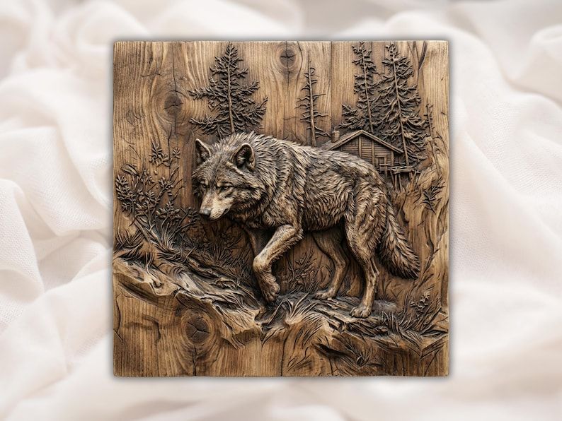 Bas-relief wood carving of a wolf walking through a pine forest with a cabin in the background