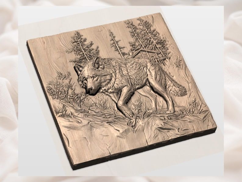 Lone Wolf Prowling a Pine Forest Cabin Bas-Relief STL bas-relief STL — view 2