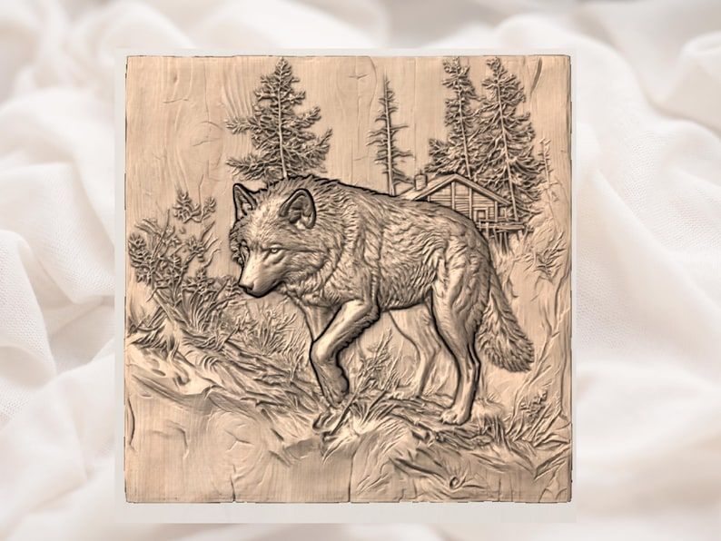Lone Wolf Prowling a Pine Forest Cabin Bas-Relief STL bas-relief STL — view 3