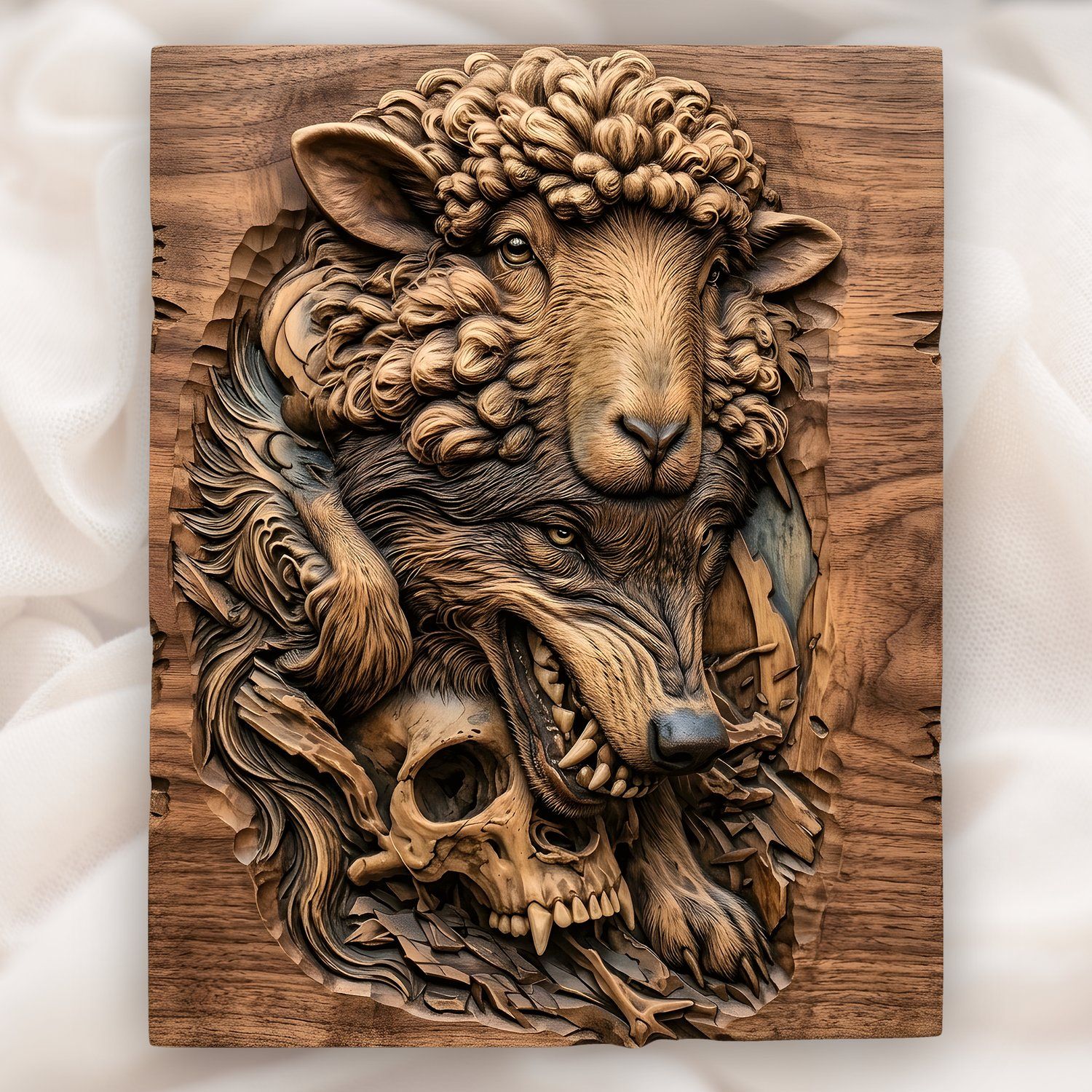 Wolf in Sheeps Clothing Skull CNC Relief STL | Wildlife Wood Carving Model | Dark Gothic Wall Art Panel | Gothic Home Decor Design — carved bas relief STL file for CNC