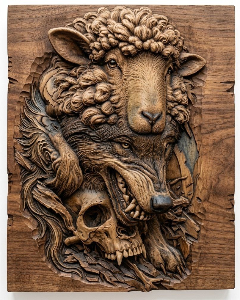 Wolf in Sheeps Clothing Skull CNC Relief STL bas-relief STL — view 13