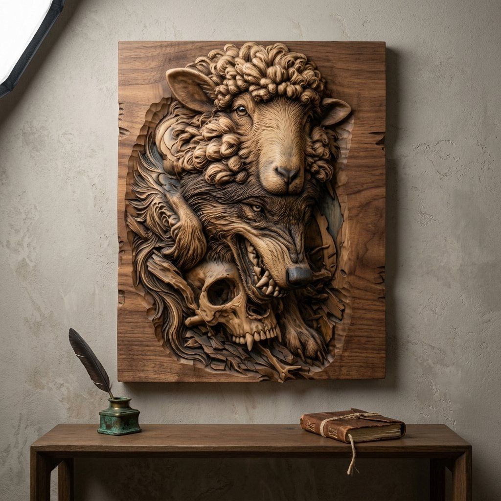 Wolf in Sheeps Clothing Skull CNC Relief STL bas-relief STL — view 14
