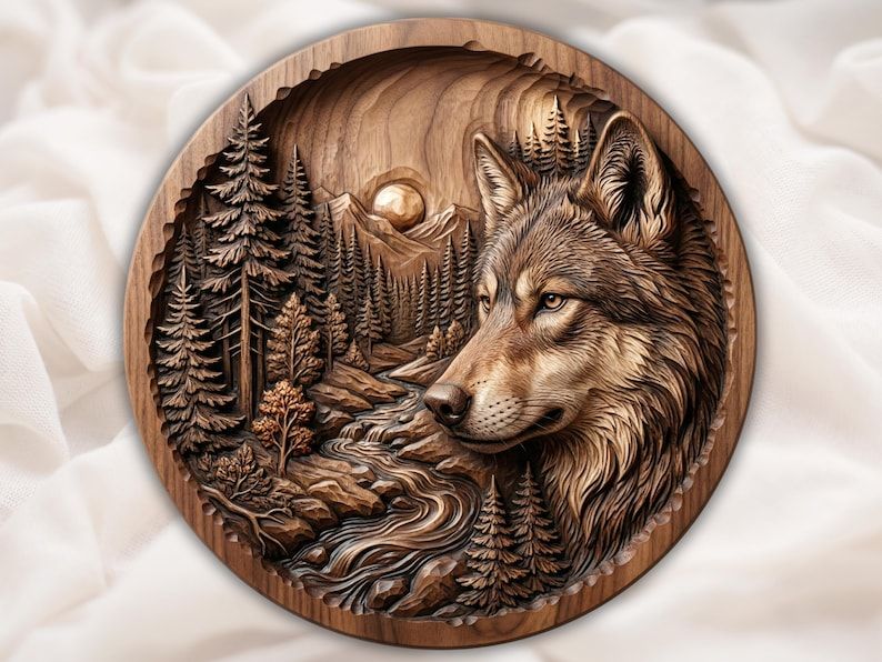 Round wood bas-relief carving of a wolf beside a pine forest, river, and moonlit mountains