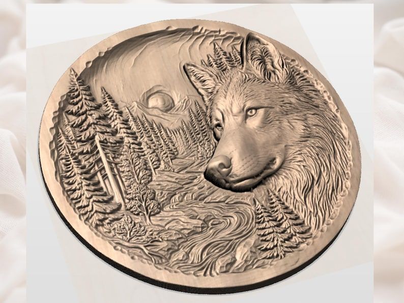 Wolf and Mountain River Round Bas-Relief Scene STL bas-relief STL — view 2