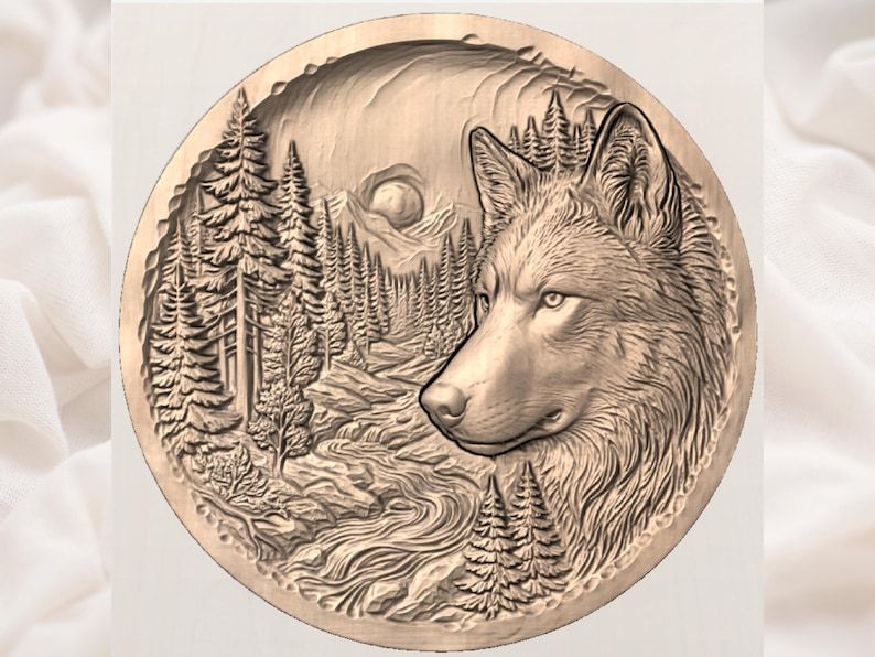 Wolf and Mountain River Round Bas-Relief Scene STL bas-relief STL — view 3