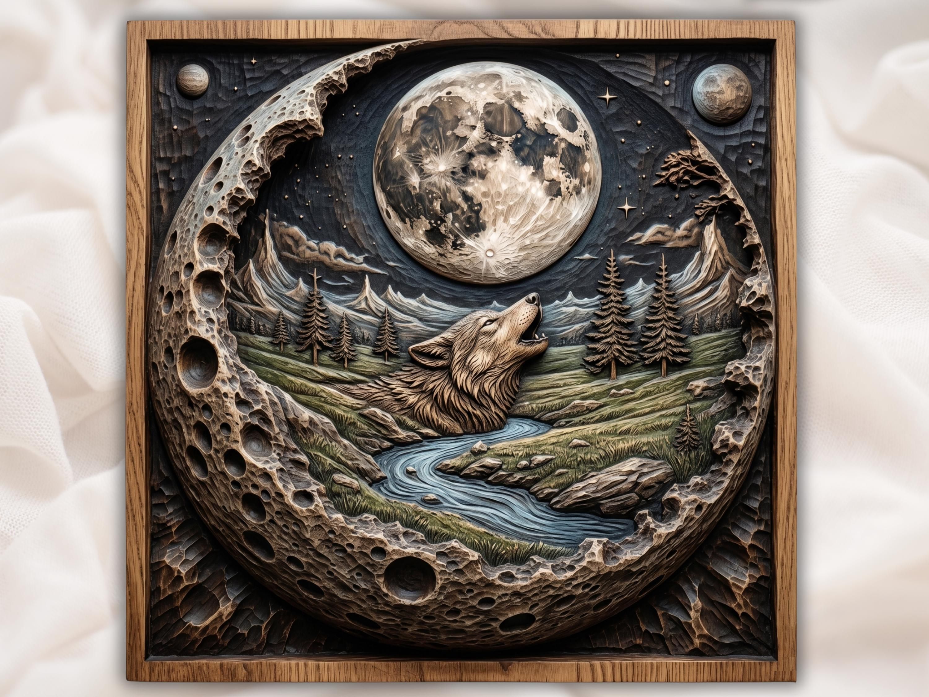 Bas-relief wood carving of a howling wolf beneath a large full moon with mountains, pines, and a winding river