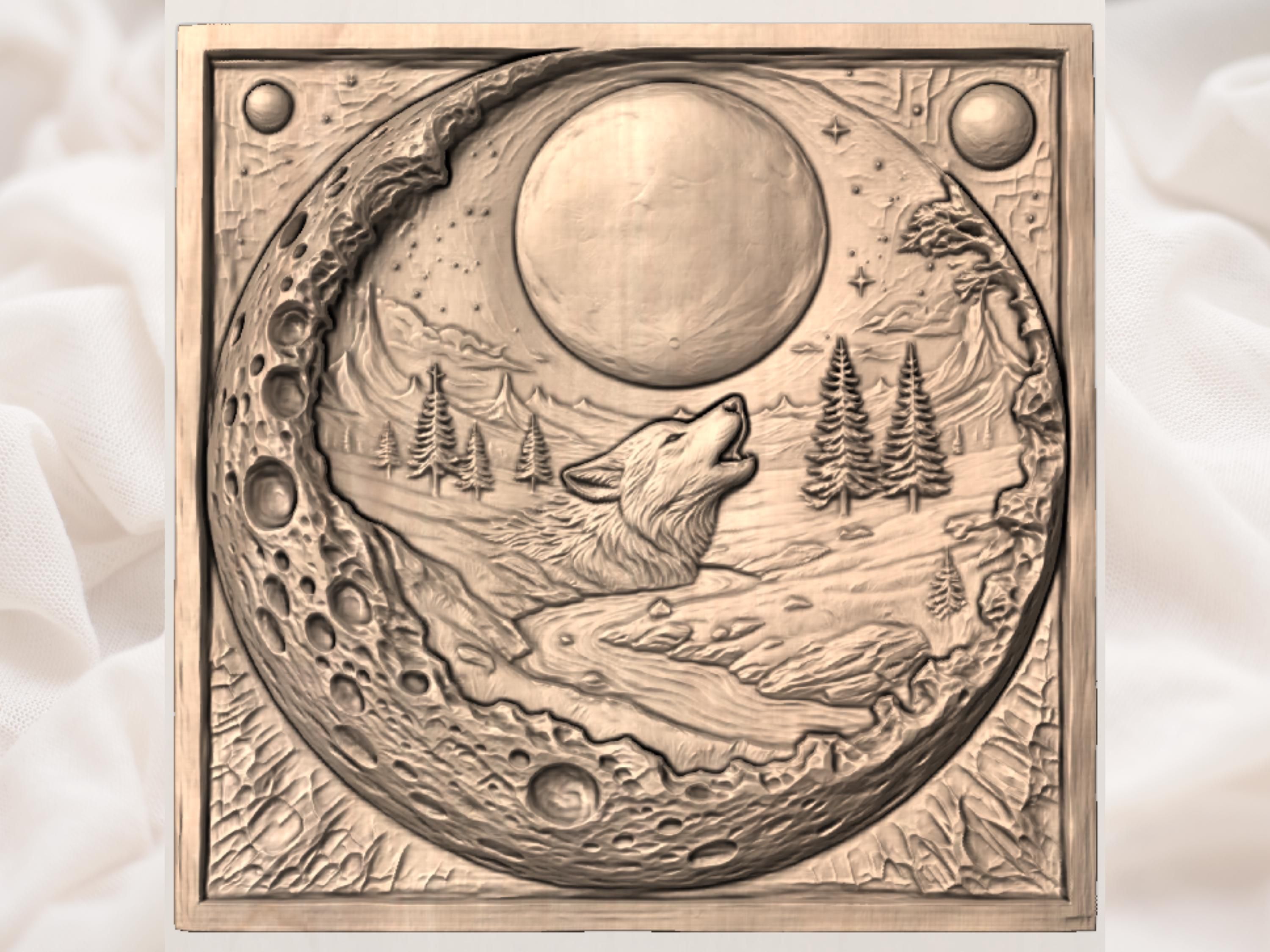 Howling Wolf Under the Full Moon Bas-Relief Scene bas-relief STL — view 2