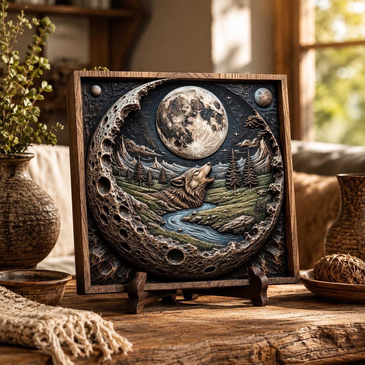 Howling Wolf Under the Full Moon Bas-Relief Scene bas-relief STL — view 3