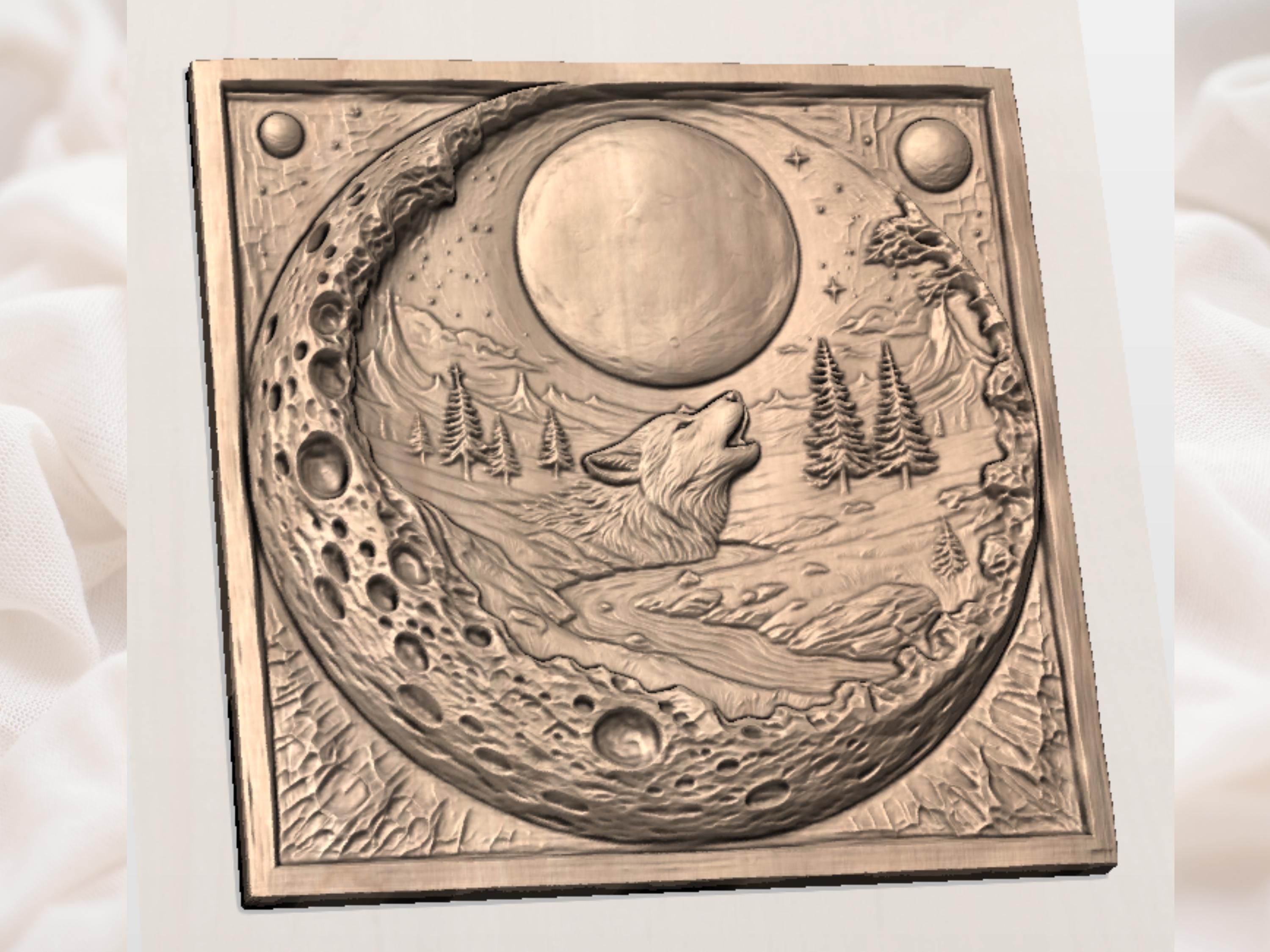 Howling Wolf Under the Full Moon Bas-Relief Scene bas-relief STL — view 4