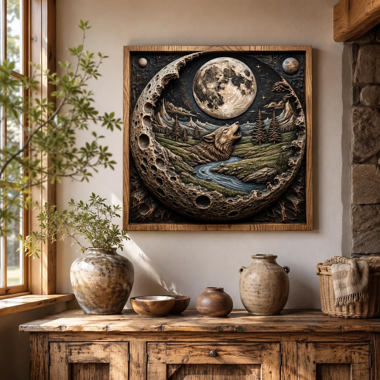 Howling Wolf Under the Full Moon Bas-Relief Scene bas-relief STL — view 5