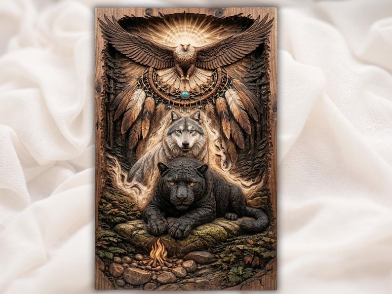 Bas-relief carving of an eagle, wolf and black panther over a feathered dreamcatcher with a campfire.