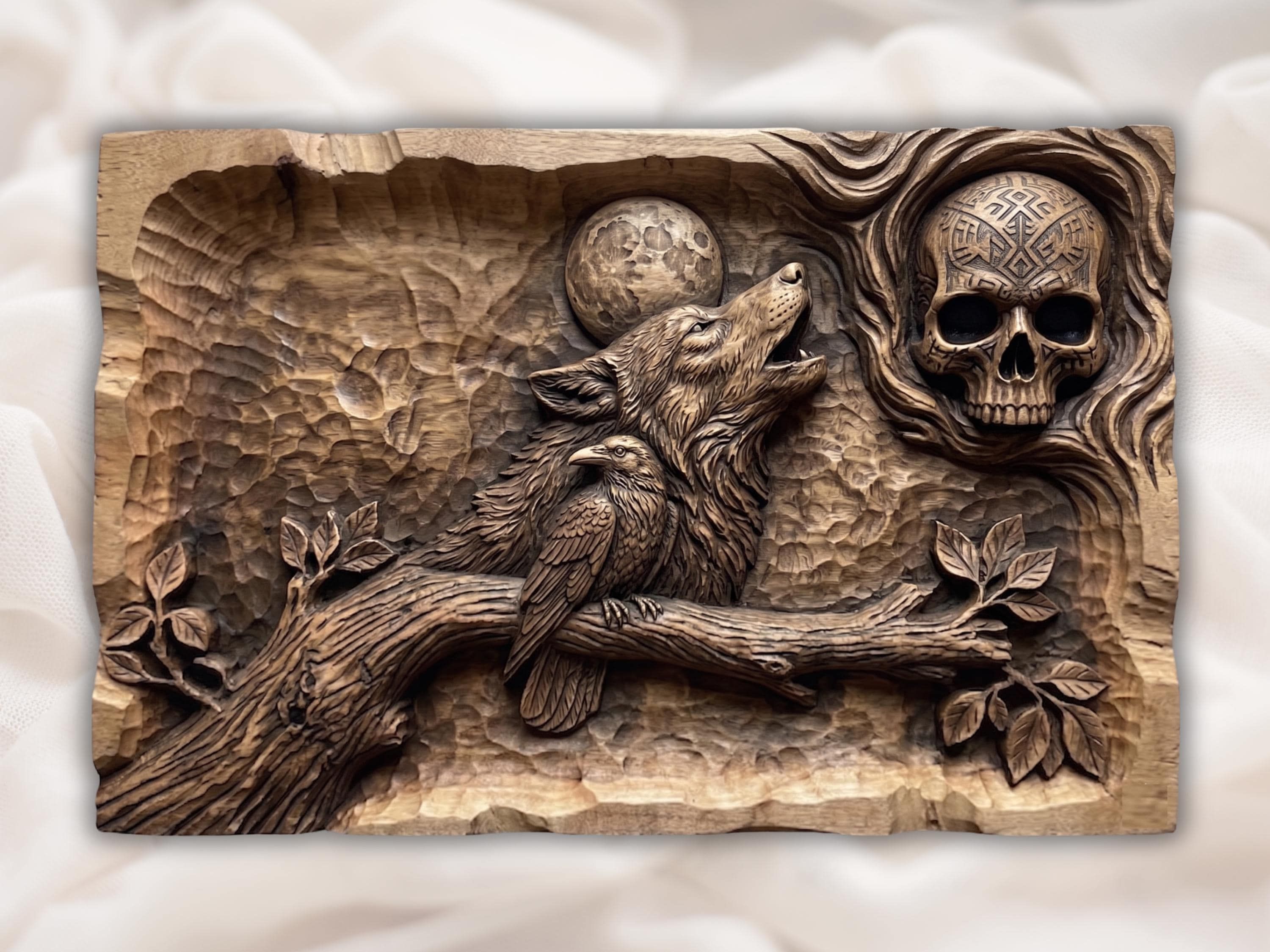 Bas-relief wood carving of a howling wolf and a raven on a branch beneath a full moon