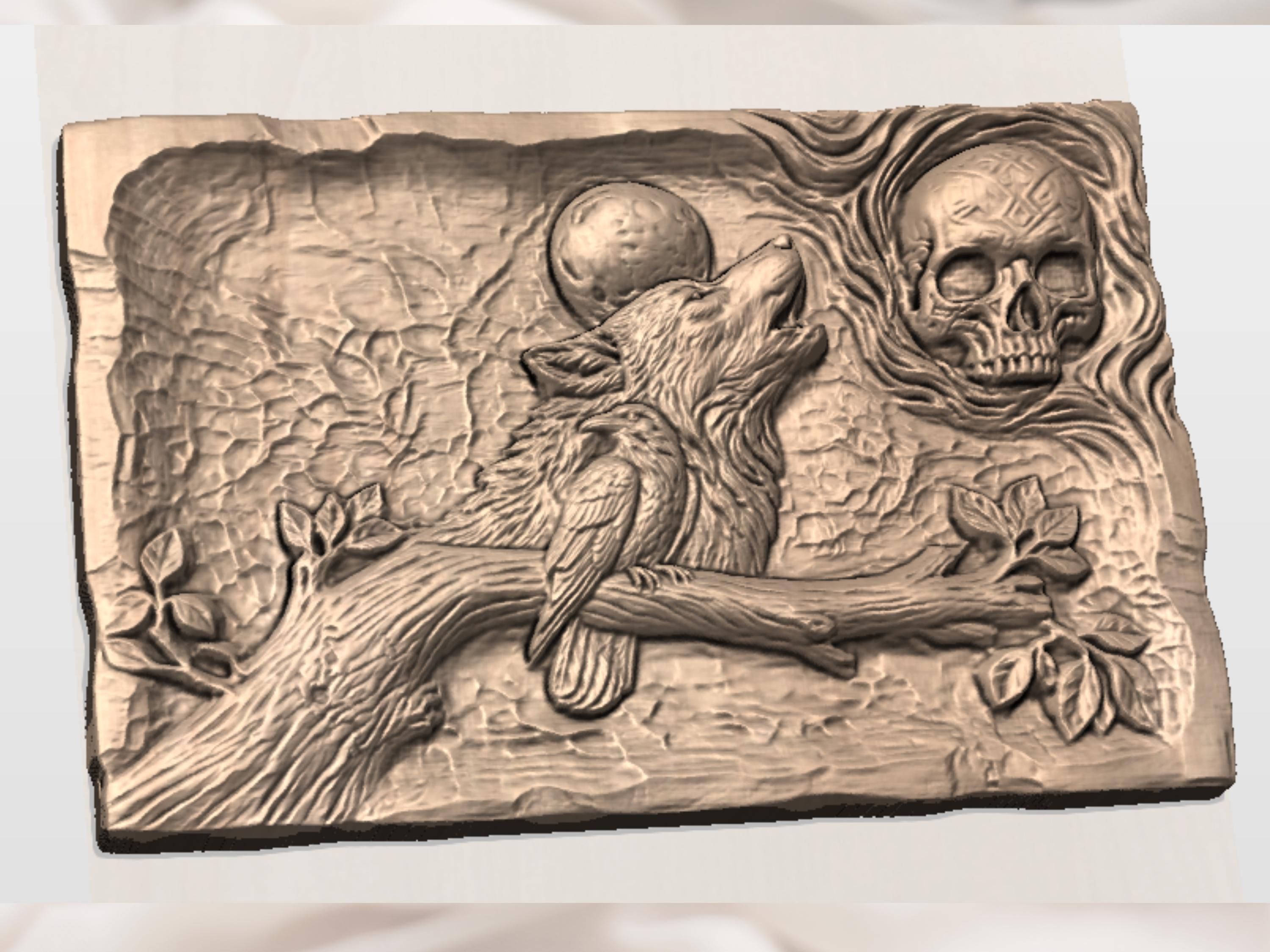 Howling Wolf and Raven Under a Full Moon Bas-Relief STL bas-relief STL — view 2