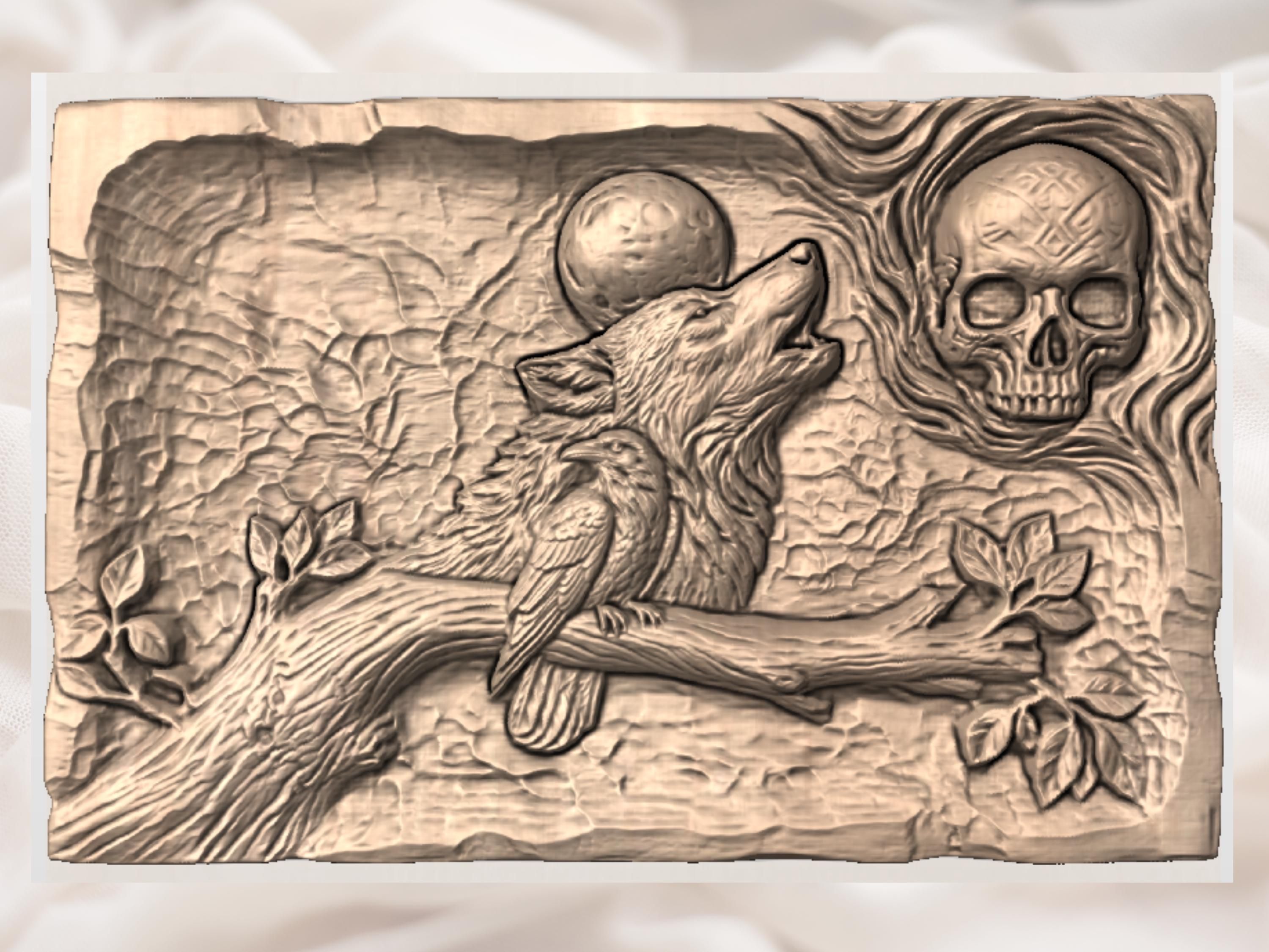 Howling Wolf and Raven Under a Full Moon Bas-Relief STL bas-relief STL — view 3