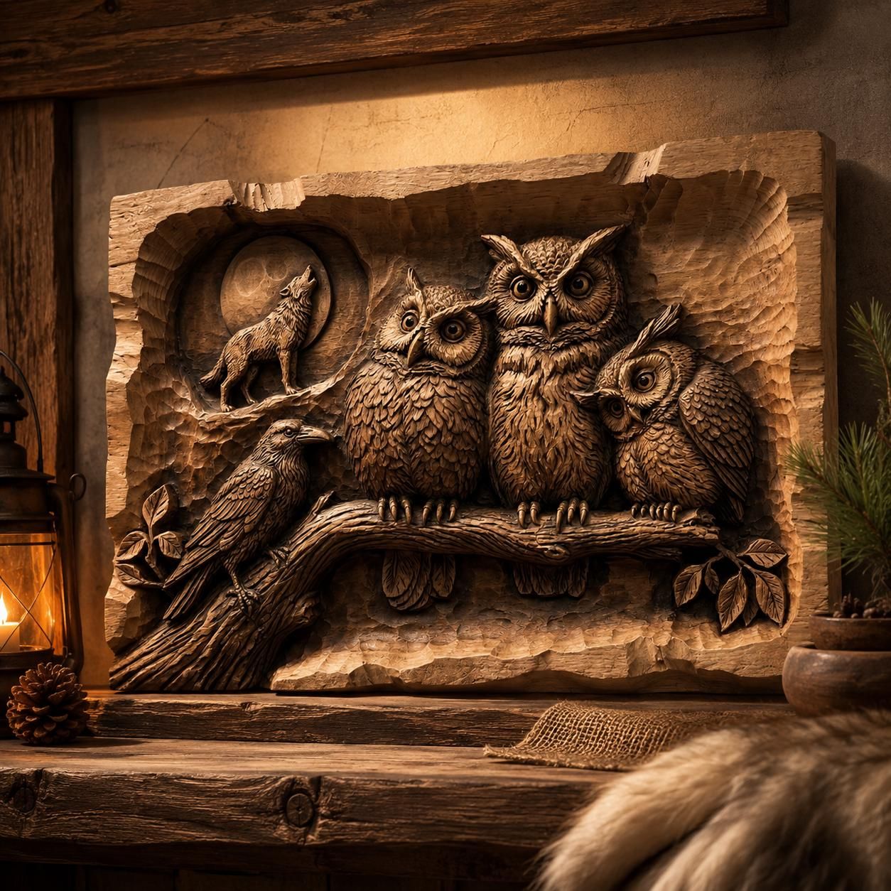Howling Wolf and Raven Under a Full Moon Bas-Relief STL bas-relief STL — view 4