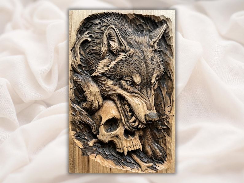 Bas-relief wood carving of a snarling wolf gripping a cracked human skull in its jaws