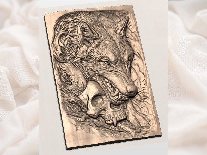 Snarling Wolf Clutching a Skull 3D Relief STL Carving bas-relief STL — view 2