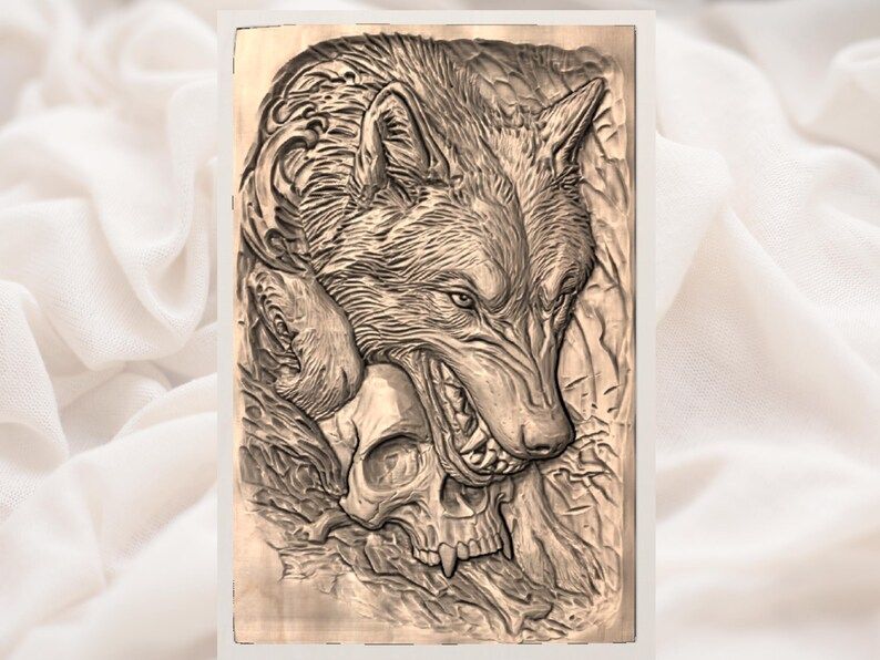 Snarling Wolf Clutching a Skull 3D Relief STL Carving bas-relief STL — view 3