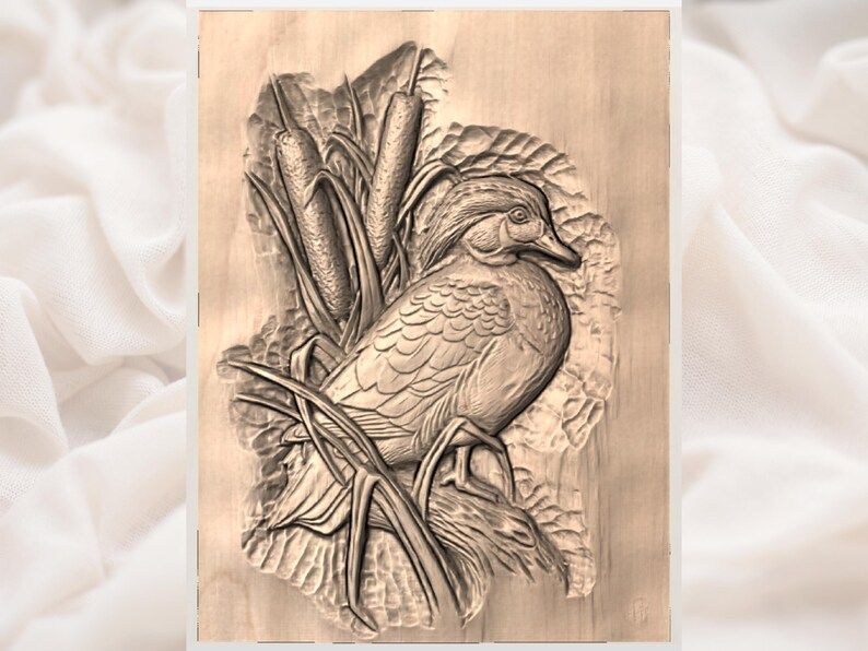 Wood Duck Among Cattails 3D Relief STL for CNC Carving bas-relief STL — view 3