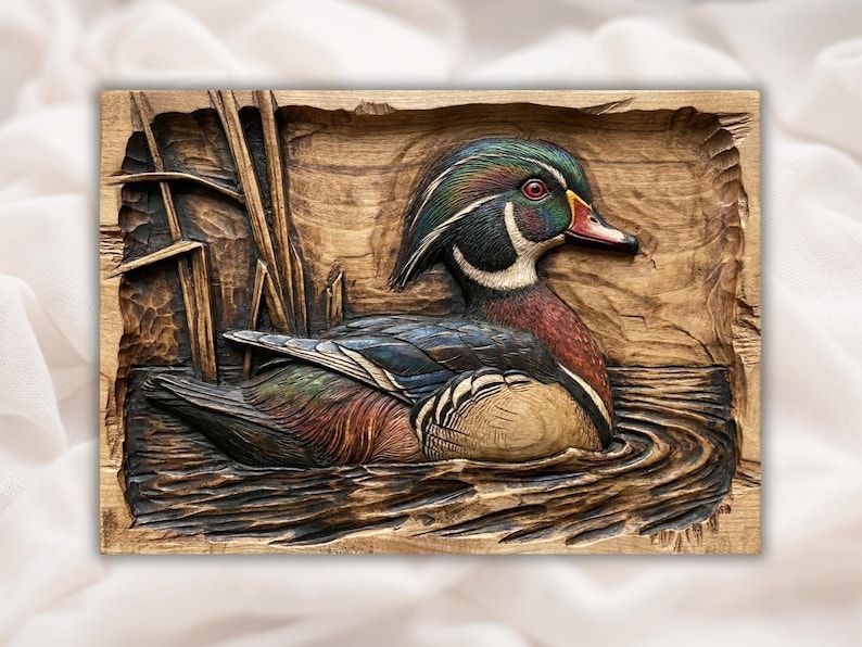 Carved bas-relief of a drake wood duck floating on rippled water beside cattail reeds, in wood