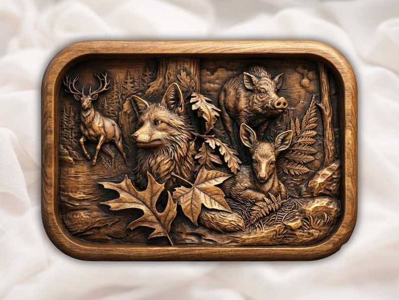 Carved wood relief of a fox, running buck, wild boar and young deer in a forest with oak and maple leaves