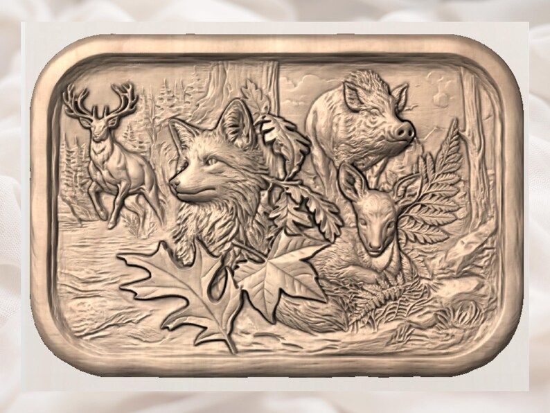 Forest Wildlife Scene STL: Fox, Deer, Boar and Buck Relief bas-relief STL — view 3