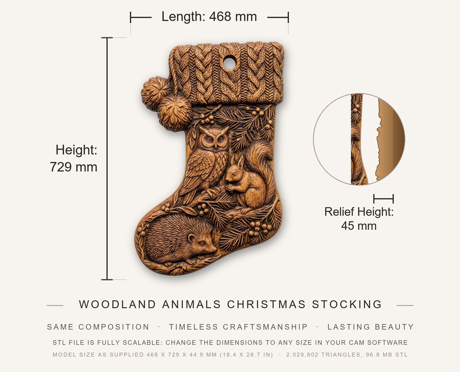 Woodland Animals Christmas Stocking Ornament CNC Relief STL bas-relief STL — view 3