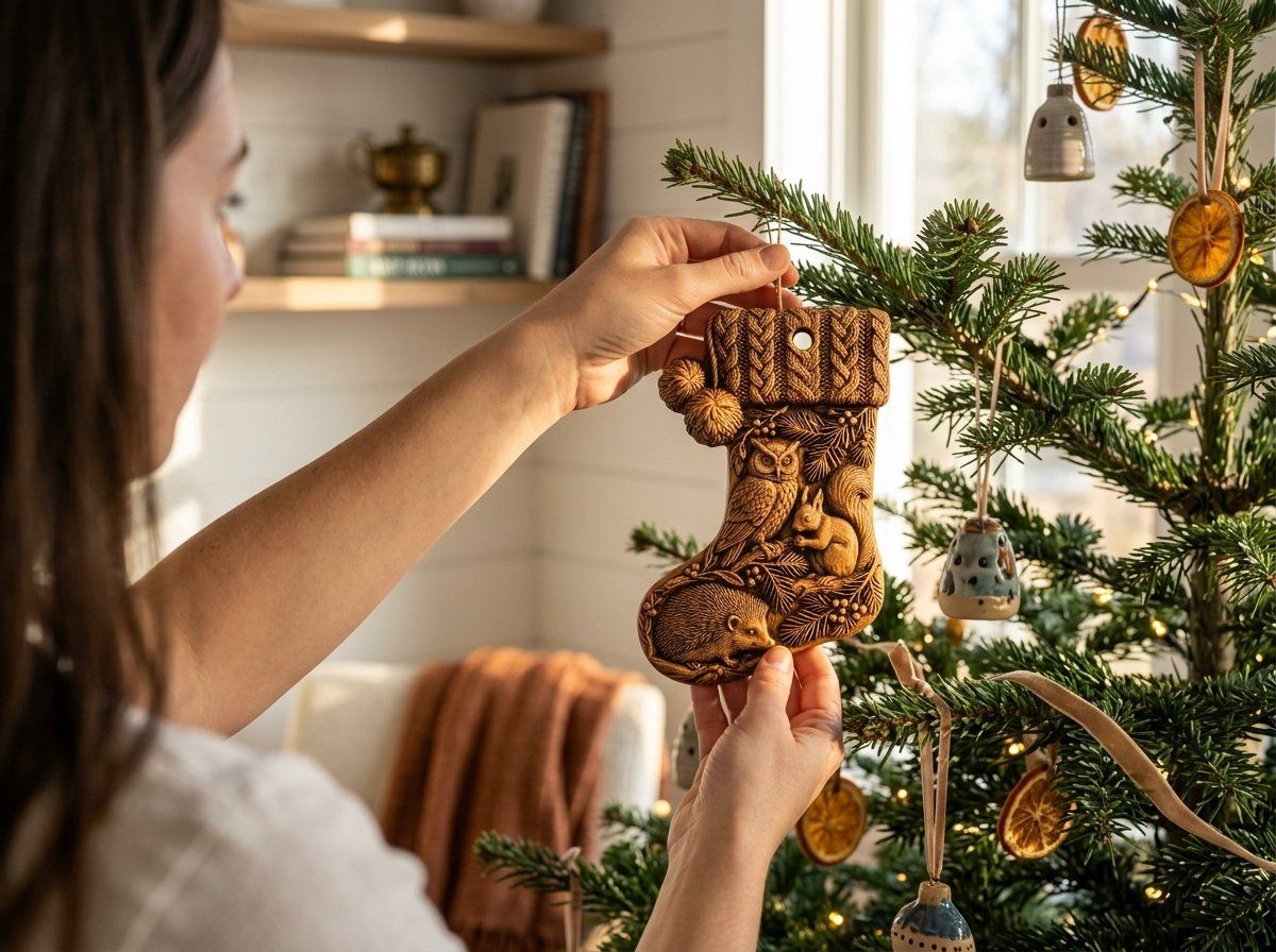 Woodland Animals Christmas Stocking Ornament CNC Relief STL | Forest Wildlife Wood Carving Model | Rustic Holiday Decor Design — carved bas relief STL file for CNC
