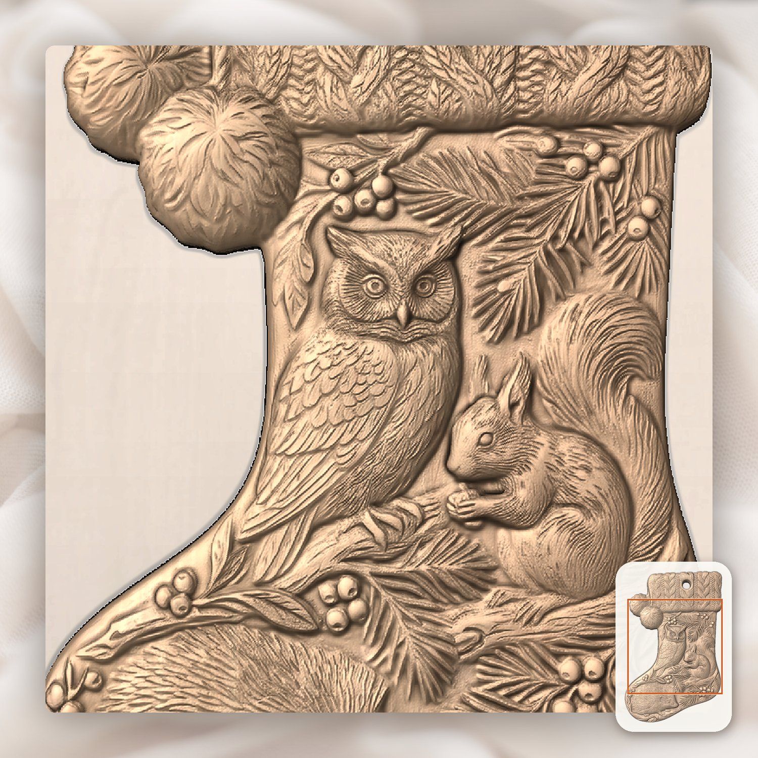 Woodland Animals Christmas Stocking Ornament CNC Relief STL bas-relief STL — view 7