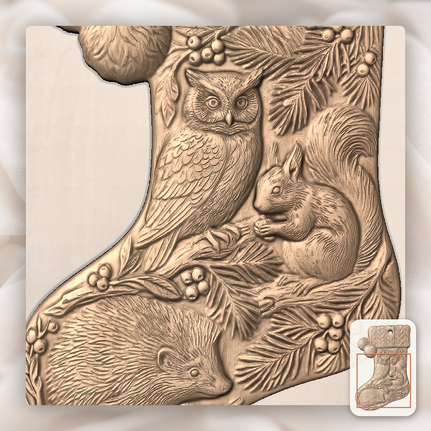 Woodland Animals Christmas Stocking Ornament CNC Relief STL bas-relief STL — view 9