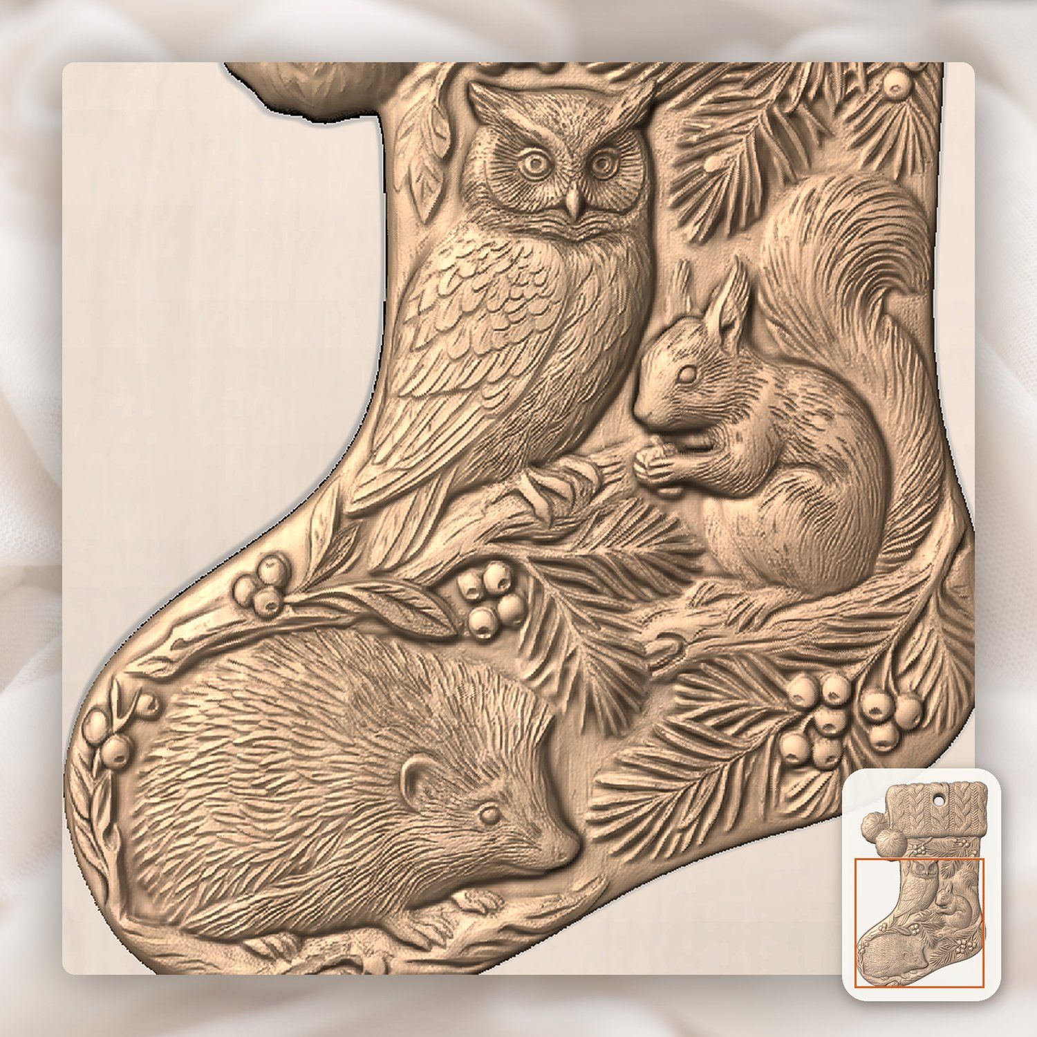 Woodland Animals Christmas Stocking Ornament CNC Relief STL bas-relief STL — view 10