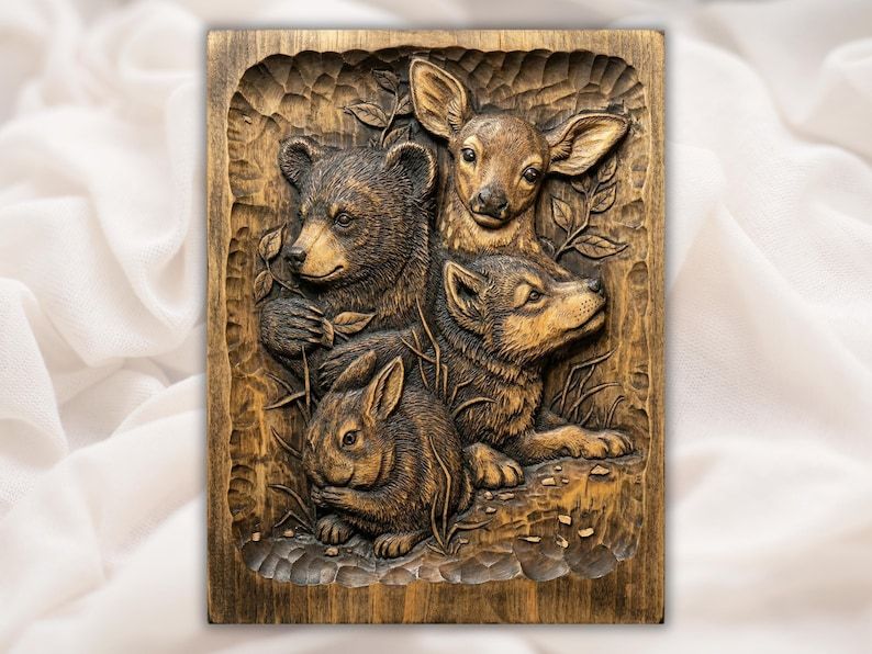 Carved wood bas-relief of a bear cub, deer fawn, wolf pup, and rabbit among leaves in a forest scene
