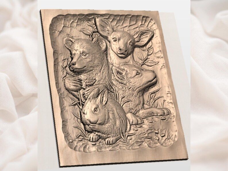Woodland Baby Animals Bas-Relief: Bear Cub, Fawn, Wolf Pup, Rabbit STL bas-relief STL — view 2