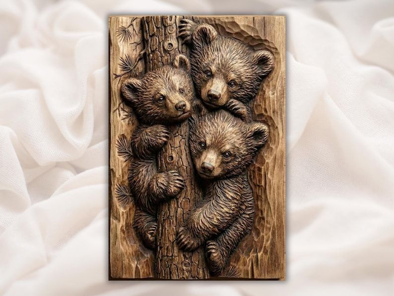 Carved wood bas-relief of three bear cubs hugging and climbing a pine tree trunk
