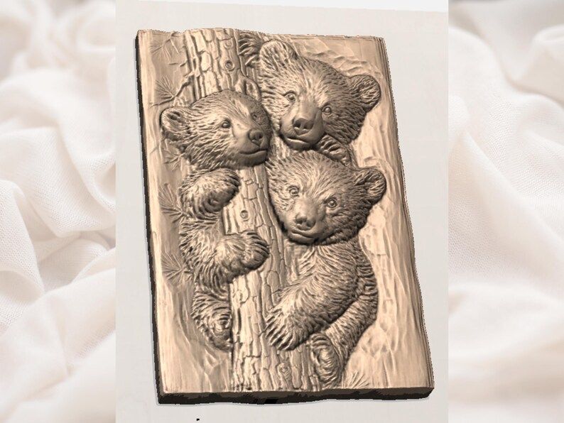 Three Bear Cubs Climbing a Tree Bas-Relief STL File bas-relief STL — view 2
