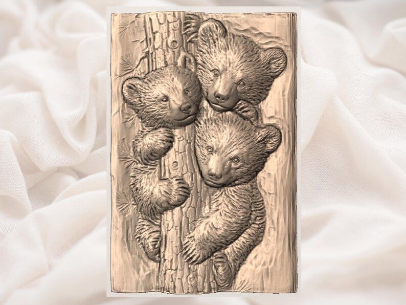 Three Bear Cubs Climbing a Tree Bas-Relief STL File bas-relief STL — view 3