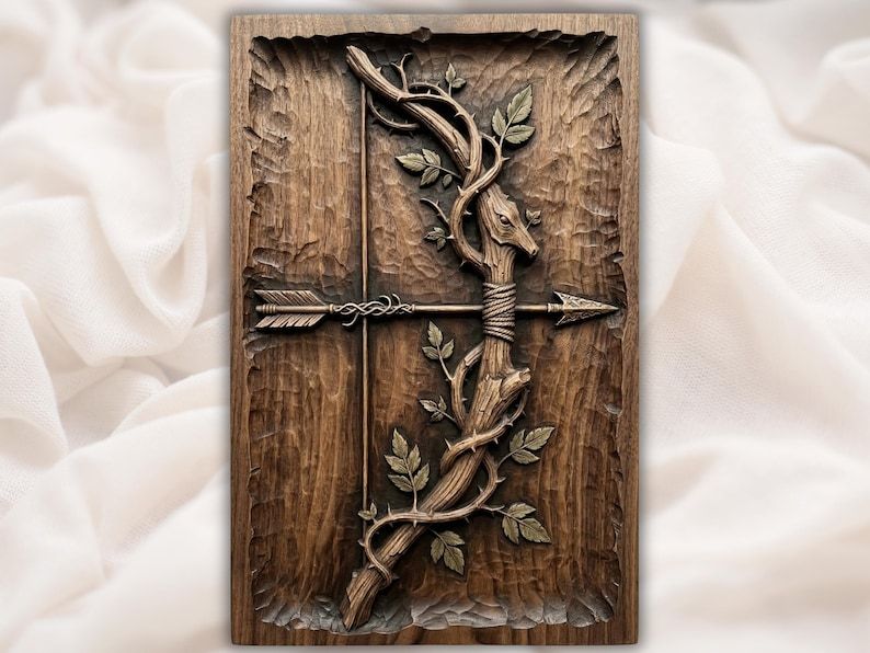 Carved wood relief of a deer head cross formed by a beam and arrow, wrapped in vines and leaves.