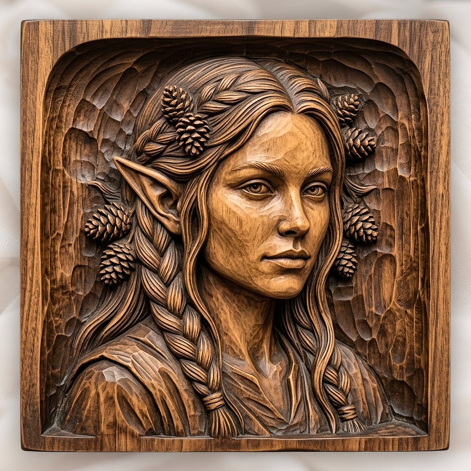 Woodland Elf Portrait with Pinecones CNC Relief STL bas-relief STL design