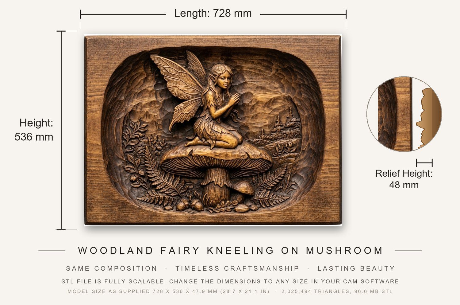 Woodland Fairy Kneeling on Mushroom CNC Relief STL bas-relief STL — view 3