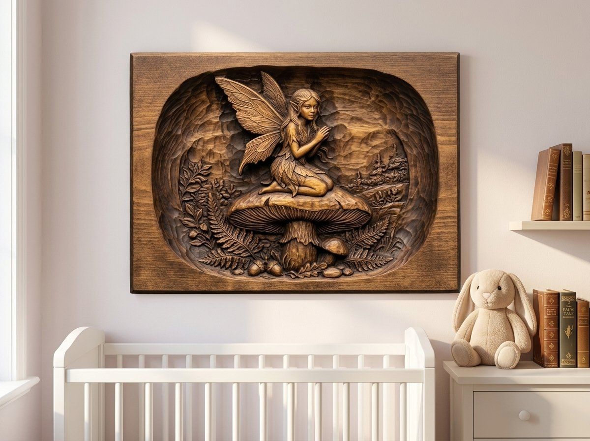 Woodland Fairy Kneeling on Mushroom CNC Relief STL bas-relief STL — view 13