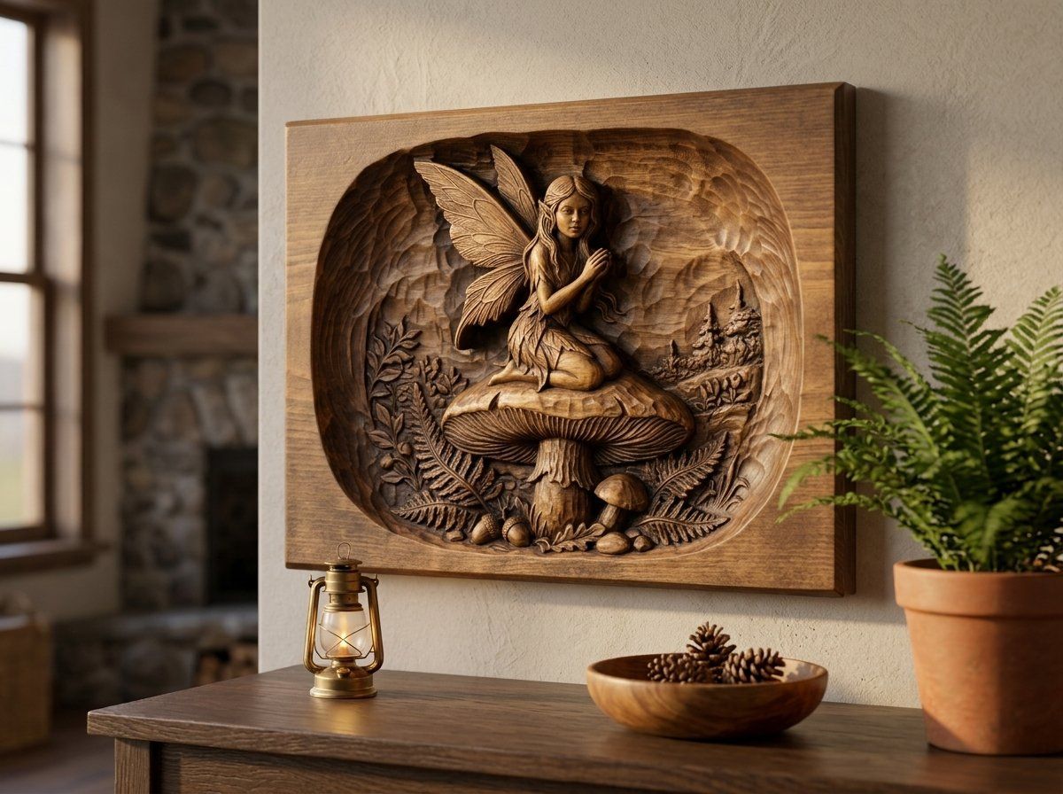 Woodland Fairy Kneeling on Mushroom CNC Relief STL bas-relief STL — view 14